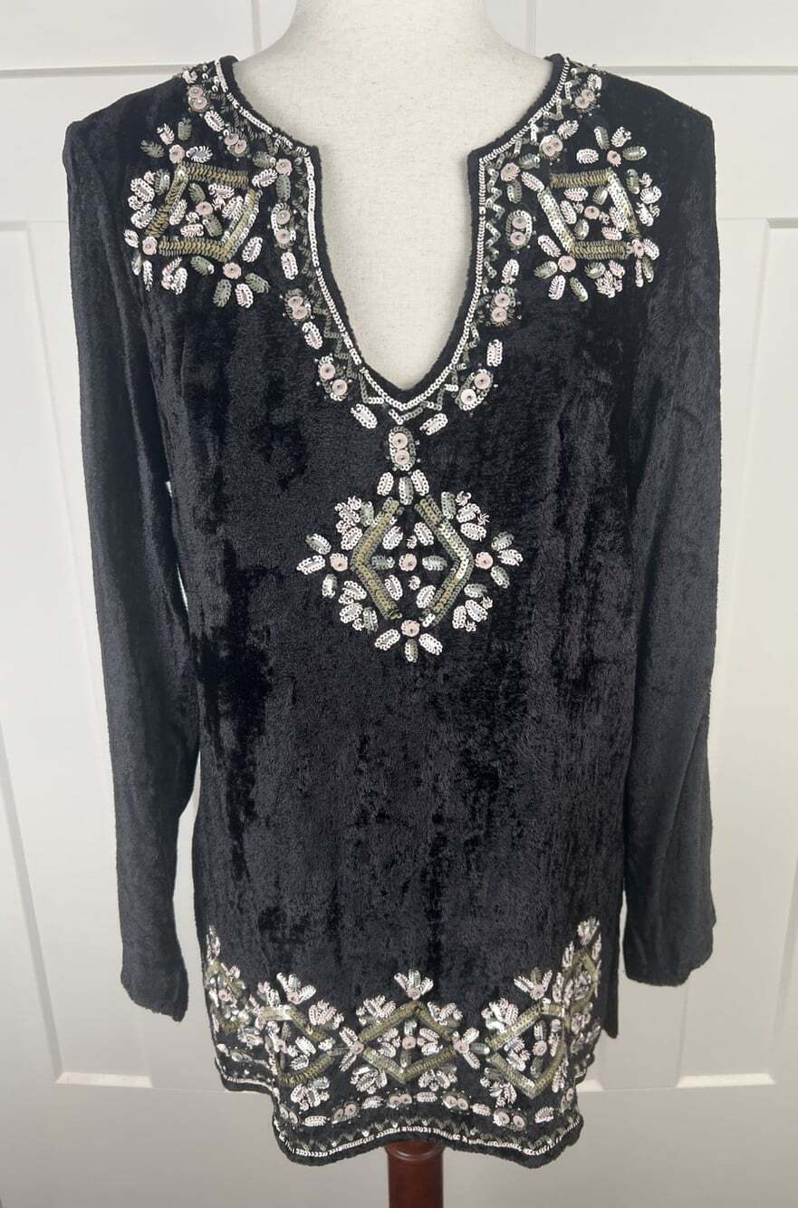 Vintage Boston Proper Black Crushed Velvet Sequin Beaded Tunic Top Small